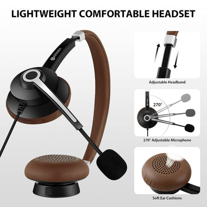 Arama USB Headset with Microphone Noise Cancelling & in-line Call Controls, Ultra Comfort 3.5mm Wired Headset for Cell Phone, Computer Headset with Mute for PC Laptop Skype Webinar Home Office