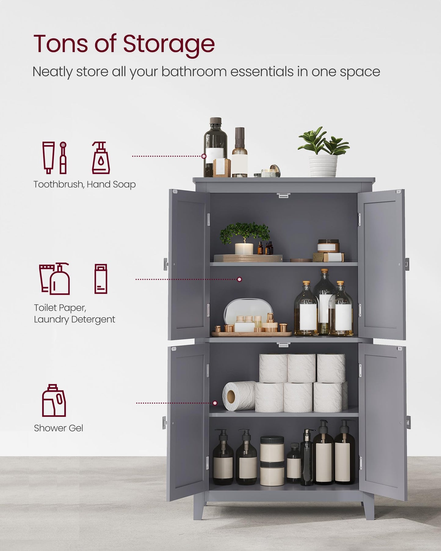 VASAGLE Floor Storage Cabinet, Freestanding Storage Unit with 4 Doors, Adjustable Shelves, 11.8 x 23.6 x 43.3 Inches, for Entryway, Bathroom, Dove Gray UBBC552P36V1