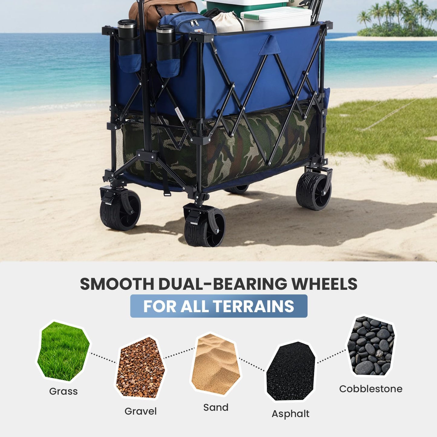 DUMOS 440LBS Heavy Duty Double Decker Wagon Cart with Extender, 400L Large Capacity Collapsible Folding Wagons with Brakes, Adjust Handle, All-Terrain Big Wheels for Garden Shopping Camping - Blue