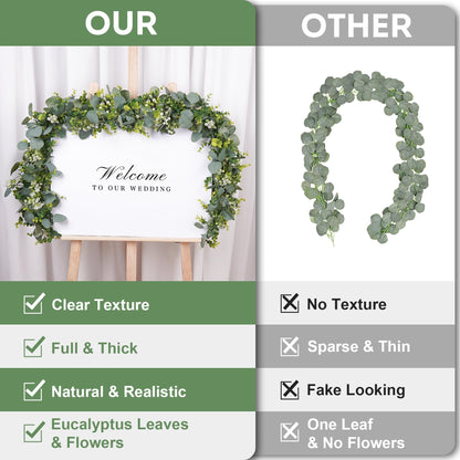 BonBloom's 8 Packs Artificial Eucalyptus Garland with White Flowers 5.9Ft Faux Greenery Garland Vines Spring Garlands for Bedroom Centerpieces Table Wedding Backdrop Arch Mantle Room Decor