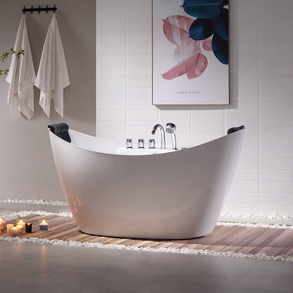 Empava 68 in. Acrylic Freestanding Tub Hydromassage Gracefully Oval Shaped Whirlpool 8 Water Jets Soaking SPA, Double-Ended Massage Bathtub with 2 Black Pillows , White