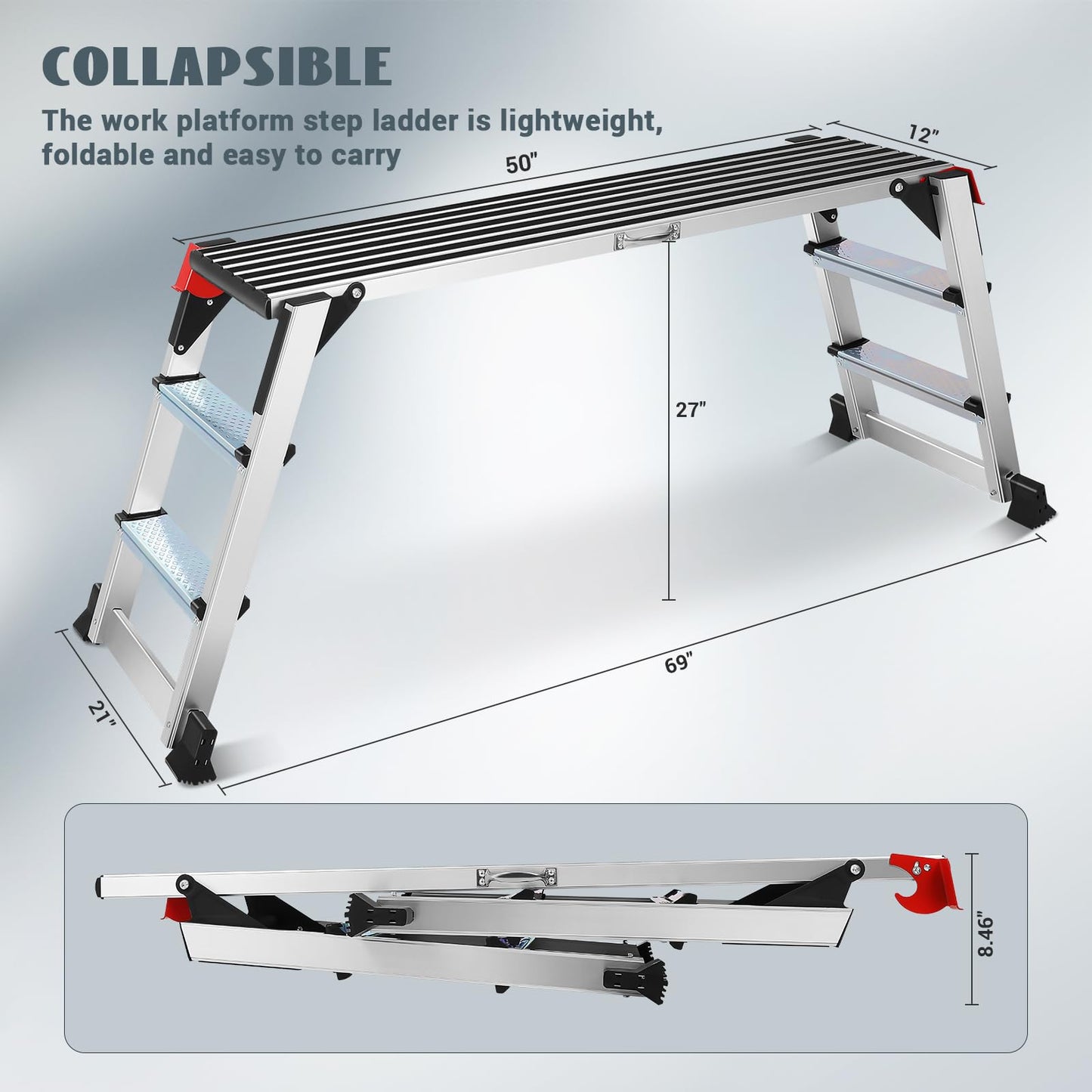 Work Platform Two Step Ladder, 50"×12"×27" Aluminum Platform, Heavy Duty Folding Work Bench Non-Slip 330 lbs Load Capacity for Washing Vehicles, Cleaning, Painting