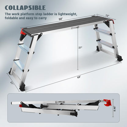 Work Platform Two Step Ladder, 50"×12"×27" Aluminum Platform, Heavy Duty Folding Work Bench Non-Slip 330 lbs Load Capacity for Washing Vehicles, Cleaning, Painting