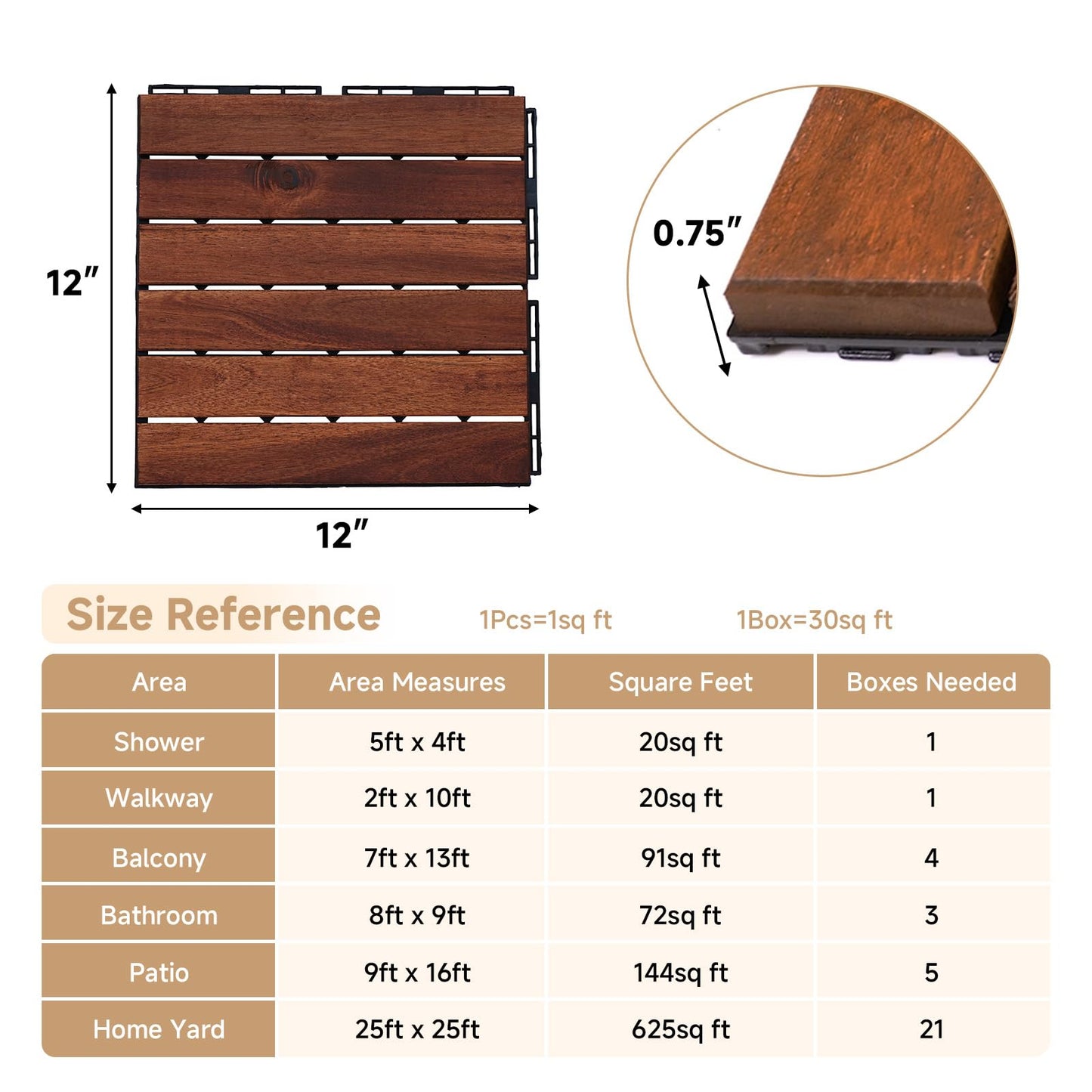 Rovibek Acacia Wood Interlocking Deck Tiles, 30PCS 12"x12" Outdoor Waterproof Decking Tiles, All Weather Use for Balcony Patio Backyard Poolside, Indoor & Outdoor, Striped Brown