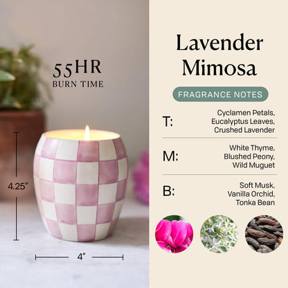 Paddywax Checkmate Hand Painted Scented Candle in Reusable Porcelain Jar, Clean-Burn Soy Candle with Approx. 55 Hour Burn Time, Decorative Gift Candles for Home, Lavender Mimosa, 11 oz