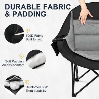 Oversized Camping Chairs for Adult - Heavy Duty Padded Portable Folding Chair XL Collapsible Camp Chair with Cup Holder Side Pocket for Outdoor Lawn Beach Sport Fishing Support 500LBS, Grey