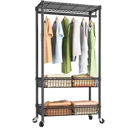 Heavy Duty Clothes Rack Rolling Garment Rack,3 Tier Adjustable Wire Shelving Clothing Racks for Hanging Clothes with Double Rods&Side Hooks,Freestanding Wardrobe Storage Rack Metal Portable Closet