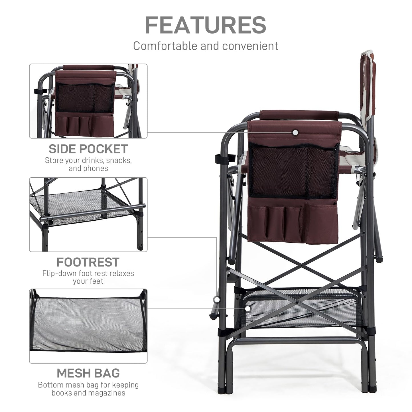 EVER ADVANCED 30.7" Seat Height Directors Chair for Makeup Artist with Side Table Easy Get in Out for Elderly Tall Camping Chair Supports 350lbs Red