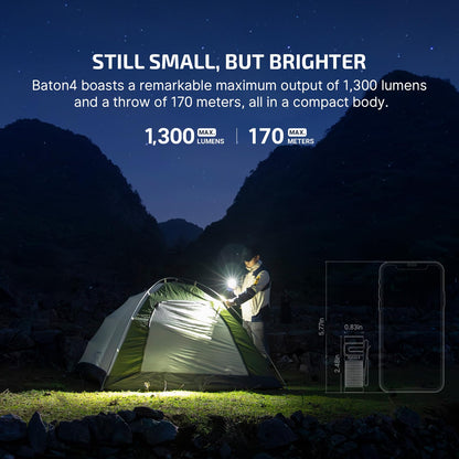 OLIGHT Baton4 Premium Edition EDC Flashlights 1300 Lumens with Type-C Charging Box, Powered by Rechargeable Battery, Small Bright Light IPX8 Waterproof for Emergencies, Outdoors (Guidance)