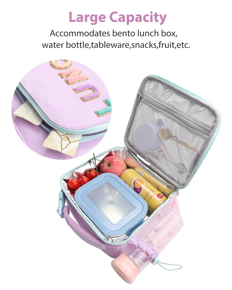 Amersun Kids Insulated Lunch Box- Water-Resistant, Reusable Cute Lunch Tote Bag with Water Bottle Holder & Multi-Pocket-Ideal for Ages 3+ Girls,School,Travel-Light Purple
