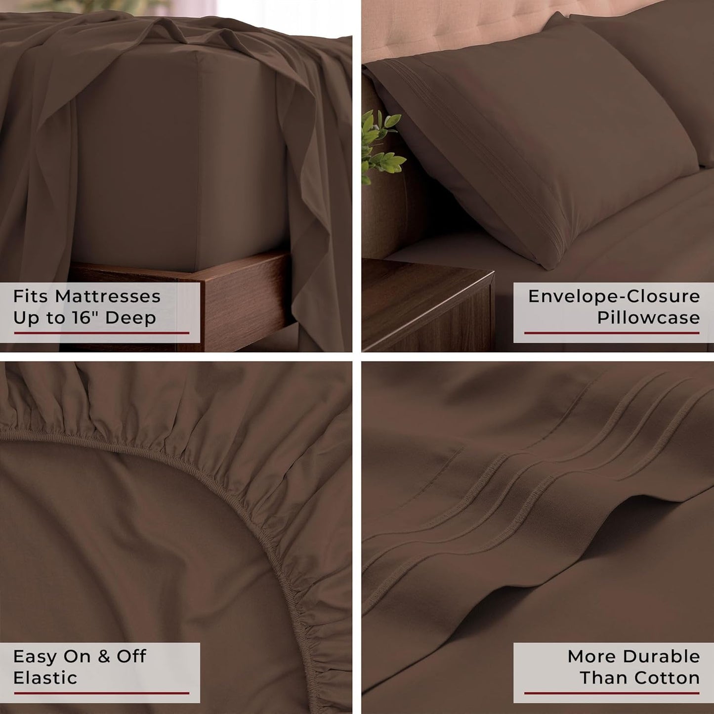 Mellanni King Sheets Set - 4 PC Luxury Bedding Collection | Extra Soft, Cooling, Wrinkle-Resistant (King, Brown)