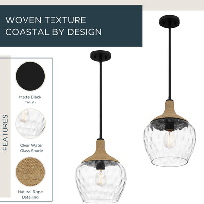 Quoizel Royer 1-Light Mini Pendant, Matte Black, Clear Water Glass with Rope Detail, Coastal Hanging Light for Kitchen, Bedroom or Bar