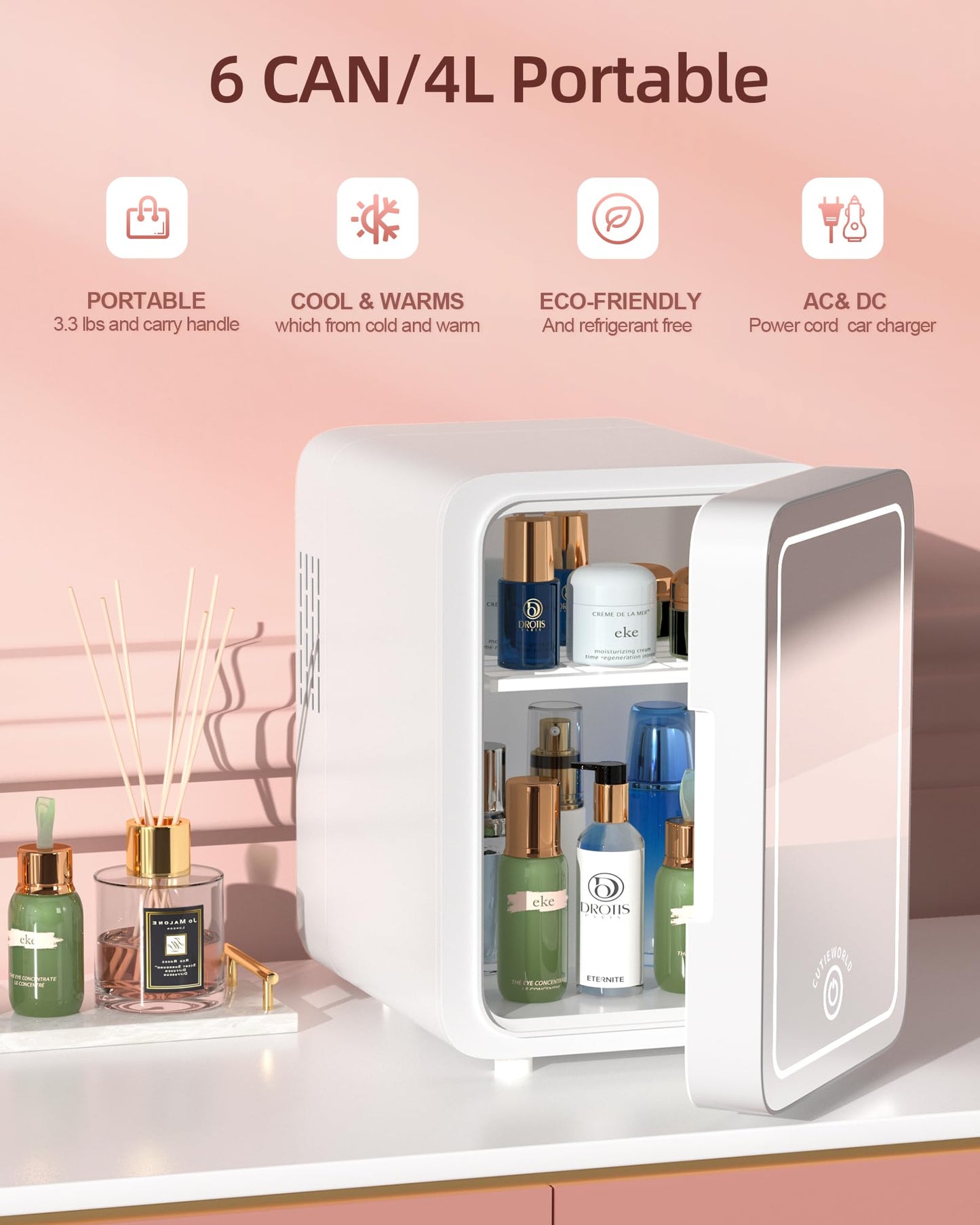 Skincare Fridge With Dimmable LED Light Mirror, 4L Mini Fridge For Desktop, Travel or Cool & Heat, Makeup Fridge for Cosmetics, Skin Care and Food, Green