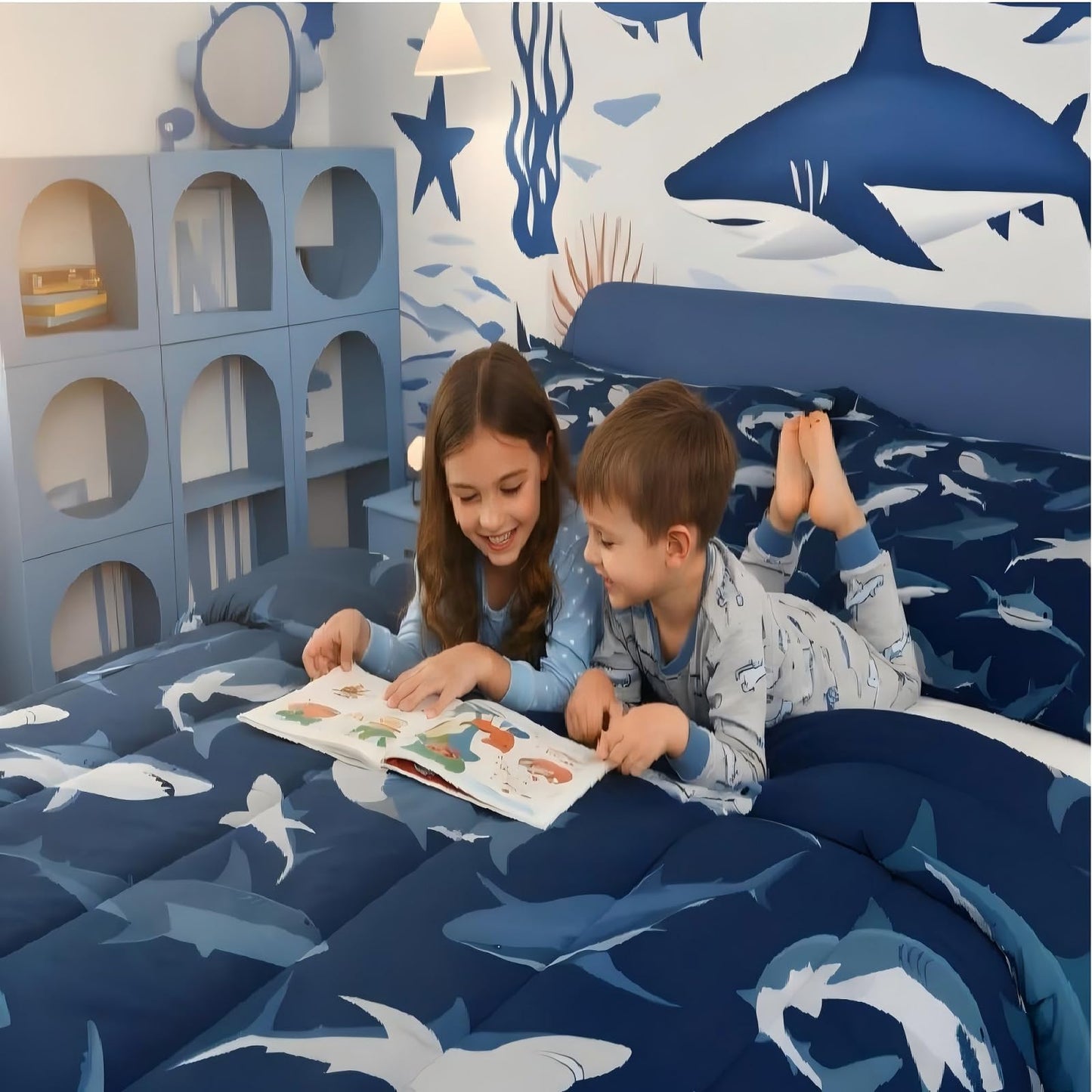 Erosebridal 10 Pieces - Boys Shark Ocean Themed 2 Comforters + 4 Pillow Cases + 1 Fitted Sheet + 1 Flat Sheet + 2 Pillow Shams