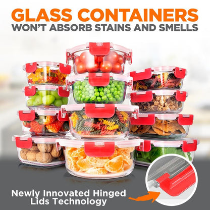 SereneLife 24 Piece Glass Storage Containers with Lids, 12 Pack Glass Meal Prep Container Set for Lunch, Kitchen Storage, Food Storage, Leak Proof, Freezer Safe and Dishwasher Safe, Red