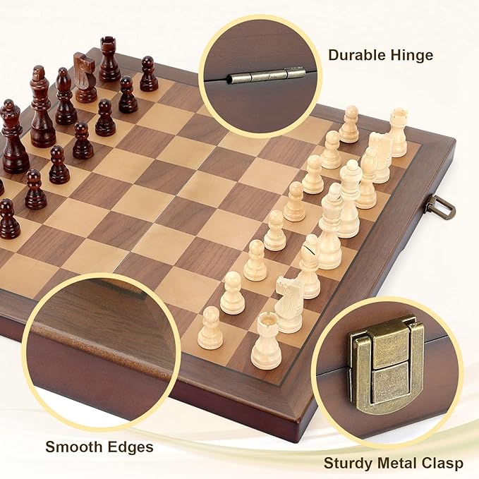 Magnetic Wooden Chess Set for Adults Kids 15'' Chess Board with Handmade Pieces Folding Portable Travel Unique Chess Sets Game for Tournament Professional Beginner