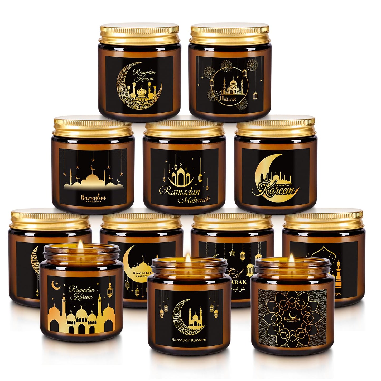 12pack Ramadan Scented Candles 3.5oz Soy Wax，Muslim Islamic Party Favors Gifts Glass Jar Candles for Home Happy Eid Festival Decor(Brown,Pattern)