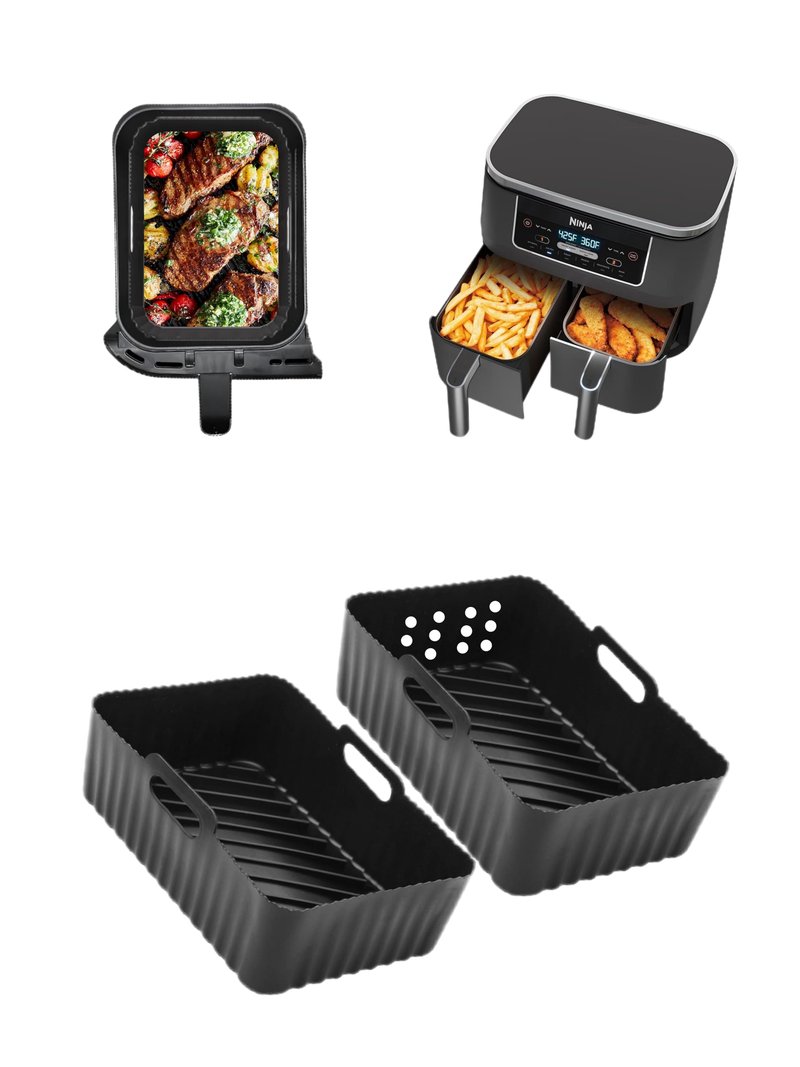 Szyeequoo Silicone Air Fryer Liners 2 Pack for Ninja Dual Zone, 1 Perforated and 1 Solid, Rectangle Reusable Liners for DZ201 DZ401 DZ550 DZ302, COSORI 9QT Instant Chefman Dual Basket Air Fryers