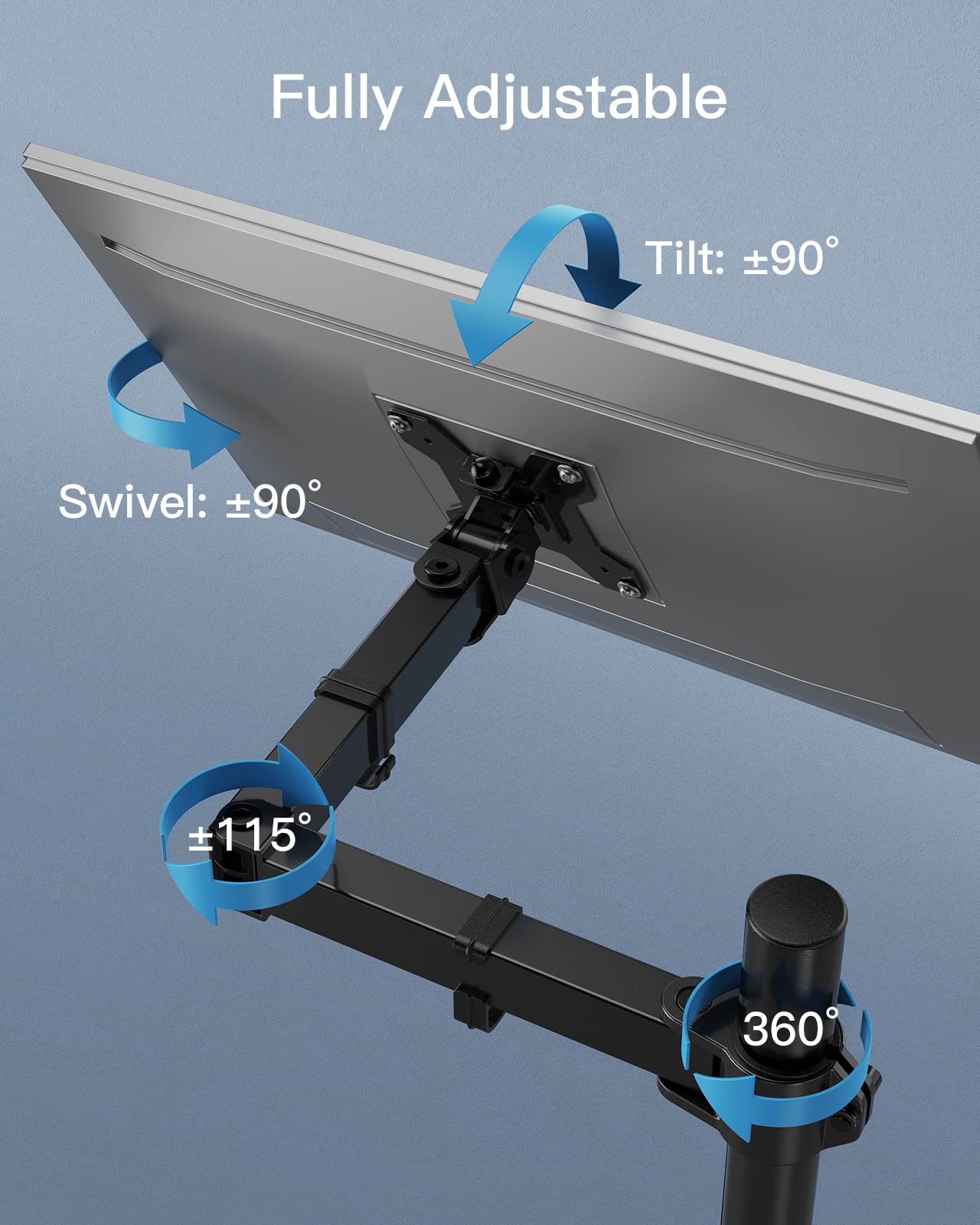 HUANUO Monitor Arm Desk Mount, Fully Adjustable Stand Computer Mount for 13-32 In Screen, Ultra Wide Screen to 38In, Single Extra Tall 39 Inch Monitor Stand Holds up to 22lbs with C Clamp/Grommet Base