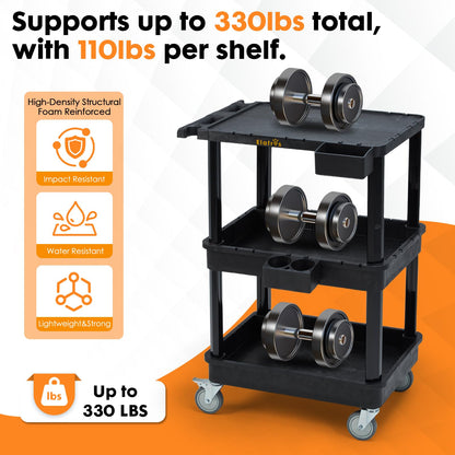 ELAFROS 3-Tier Utility Cart with Flat Top and Deep Shelves, 27.5 x 18.25, Compact Rolling Cart with 4" Wheels, Heavy-Duty Plastic, 330 lbs Capacity for Office, Workshop, Warehouse