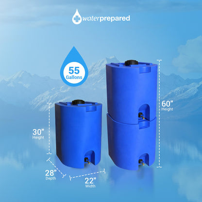 WaterPrepared Stackable Plastic Drinking Water Storage Tank with Spigots, 55 Gallon, Blue - Portable Emergency Hydration Container for Survival or Disaster Preparedness