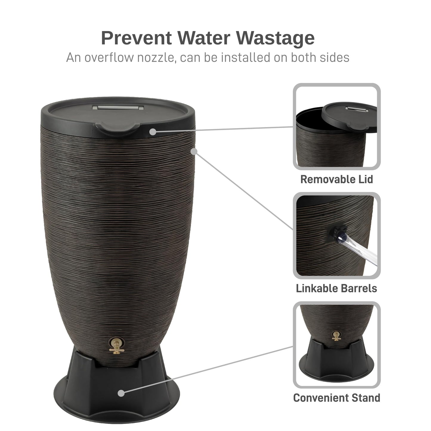 RTS Home Accents 50-Gallon Newport Rain Barrel with Stand and Removable Lid, Bronze Color
