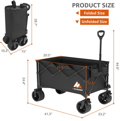 Collapsible Wagon Cart with Wheels Foldable - Folding Utility Heavy Duty Wagons Carts for Grocery Sports Garden Shopping Camping Wheelbarrows (Black, 220L)