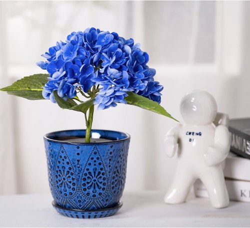 Gepege 6-Inch Beaded Ceramic Planter Set of 2 - Drainage Hole & Saucer for Indoor/Outdoor Use | Blue
