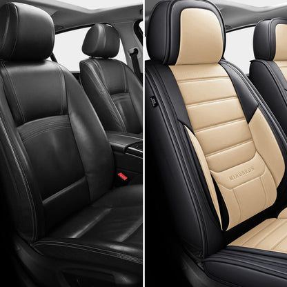 MINGBRON Car Seat Covers Full Set, Brown Car Seat Cover Lumbar Support, Car Seat Protector Waterproof, Nappa Leather Car Seat Cushion, Front Seats and Back Fit for Most Cars Beige