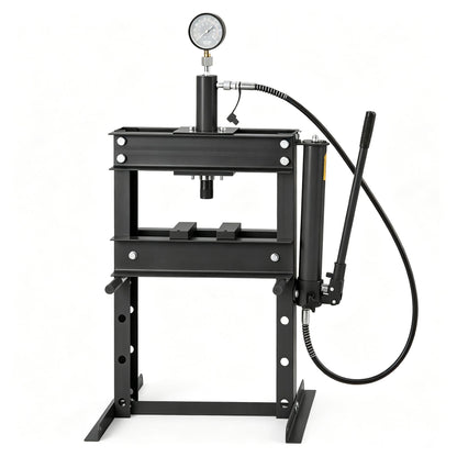 10 Ton Hydraulic Shop Press with Pressure Gauge & Plate, Heavy Duty H-Frame Benchtop Press with Height Adjustable Working Table for Auto Repair, Metalworking, Manufacturing, Black