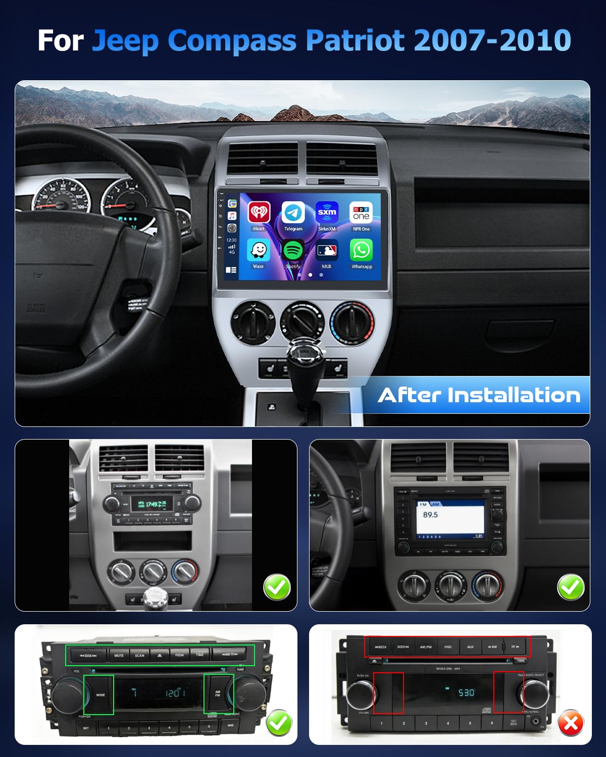 [4+64G] Hikity for Jeep Compass Patriot 2007 2008 2009 2010 Android Car Stereo, 10.1 Inch Touchscreen Radio Carplay/Android Auto GPS Navigation WiFi Bluetooth FM RDS + AHD Backup Camera