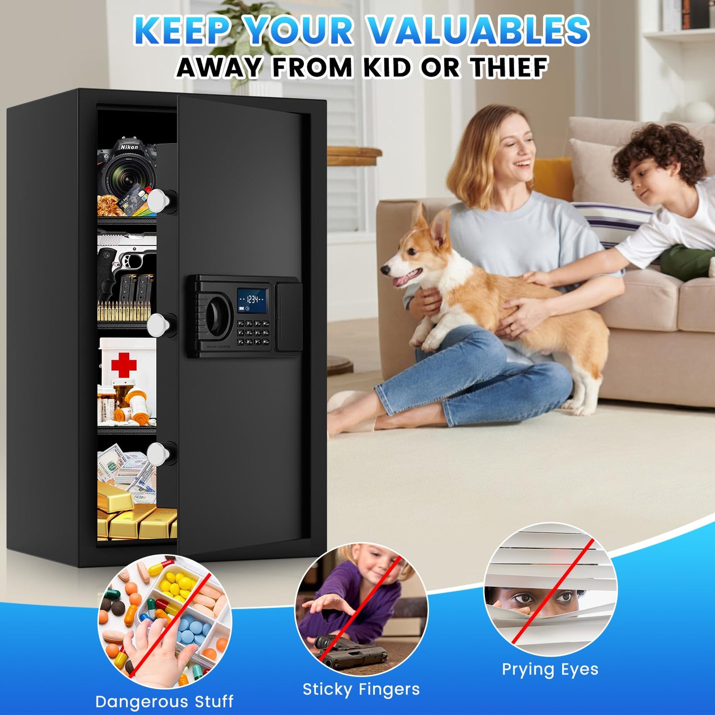5.2 Cuft Large Fire Safe Box for Home Documents, Home Safes Water and Fireproof with LCD Keypad Keys, Anti-Theft Alert, Hidden Code Mode, Personal Combination Money Safe For Office Home Gift