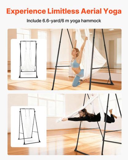 VEVOR Yoga Stand Frame, Max 440.9 lbs Load Swing Stand, Triangular Structure Aerial Rig, Aerial Silk Stands with EVA Foam & 6.6-Yard Yoga Hammock, 4-Level Horizontal & 6-Level Vertical Adjustment