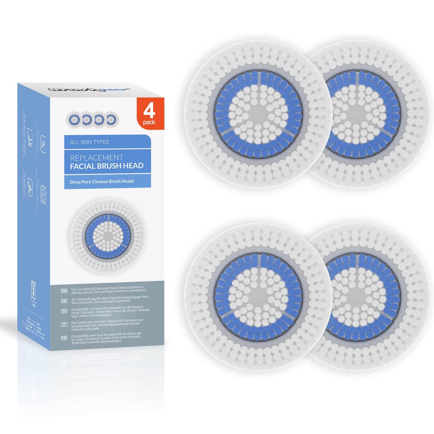 Brushmo Facial Brush Head Replacements Compatible with Clarisonic Mia 1, Mia 2, Mia Fit, Alpha Fit, Smart Profile Uplift and Alpha Fit, Deep Pore Facial 4 Pack (Deep Pore)