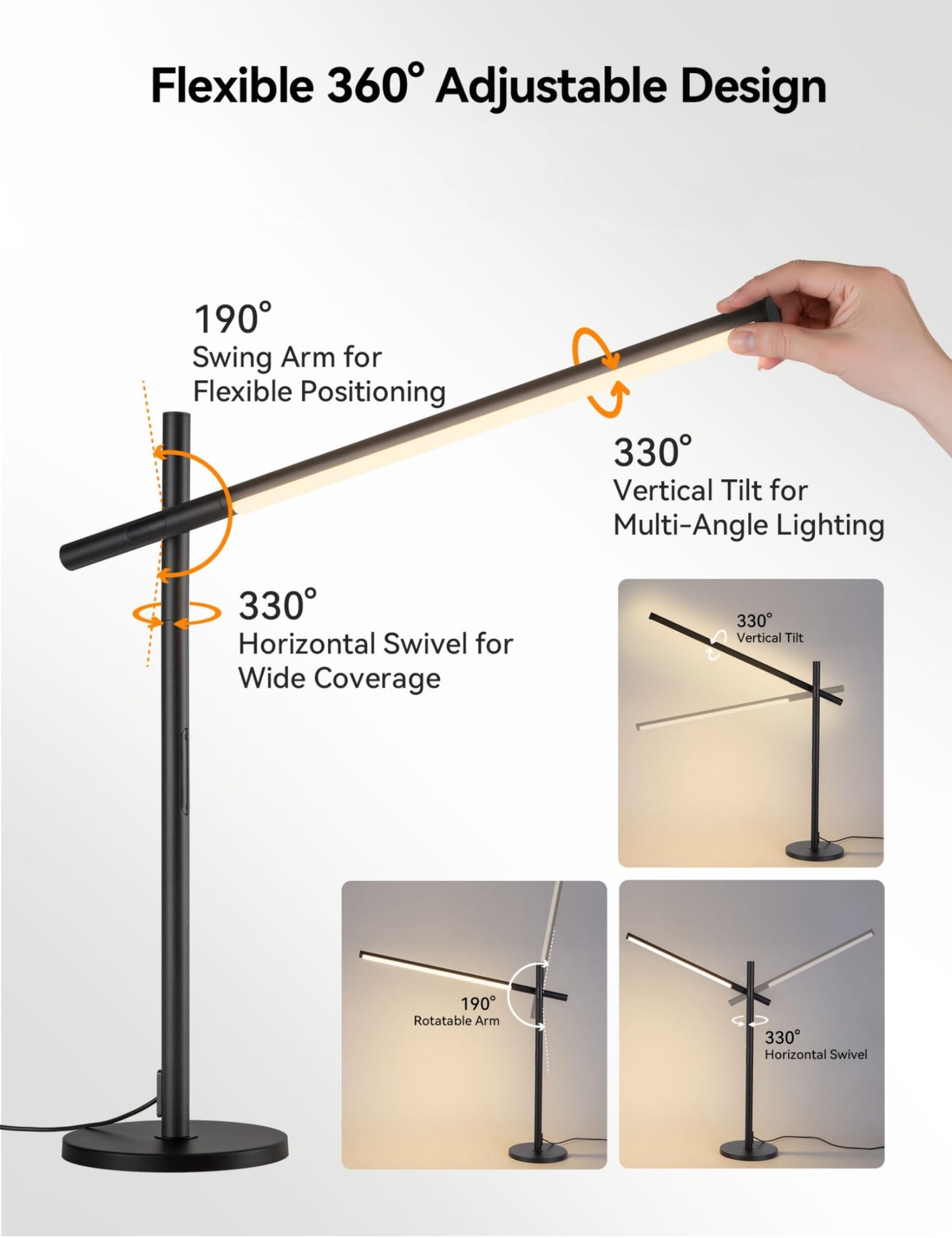 Tubicen Rotatable Desk Lamp 360° Adjustable Arm/Head 3 Colors 4- Level Touch Dimmable Plug-in Task Lamp Black 15W LED Modern Sleek Metal Desk Lamp for Bedroom Office Reading Studying