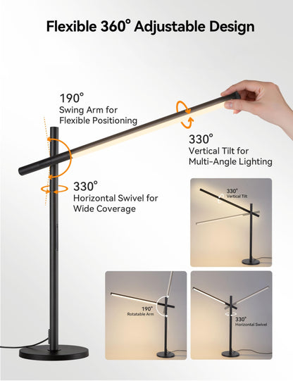 Tubicen Rotatable Desk Lamp 360° Adjustable Arm/Head 3 Colors 4- Level Touch Dimmable Plug-in Task Lamp Black 15W LED Modern Sleek Metal Desk Lamp for Bedroom Office Reading Studying