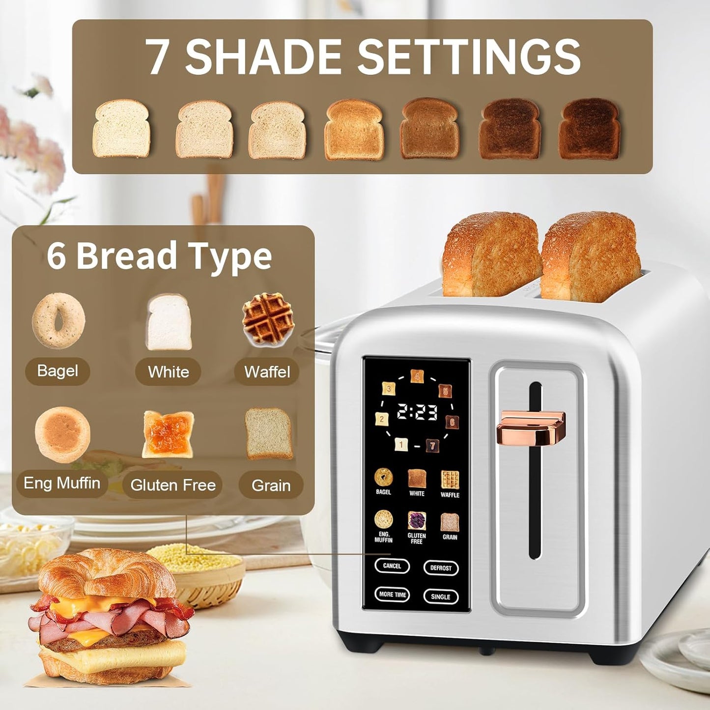 SEEDEEM 2-Slice Toaster - Touch Screen LCD Display, 50% Faster Heating, Stainless Steel, Silver Metallic