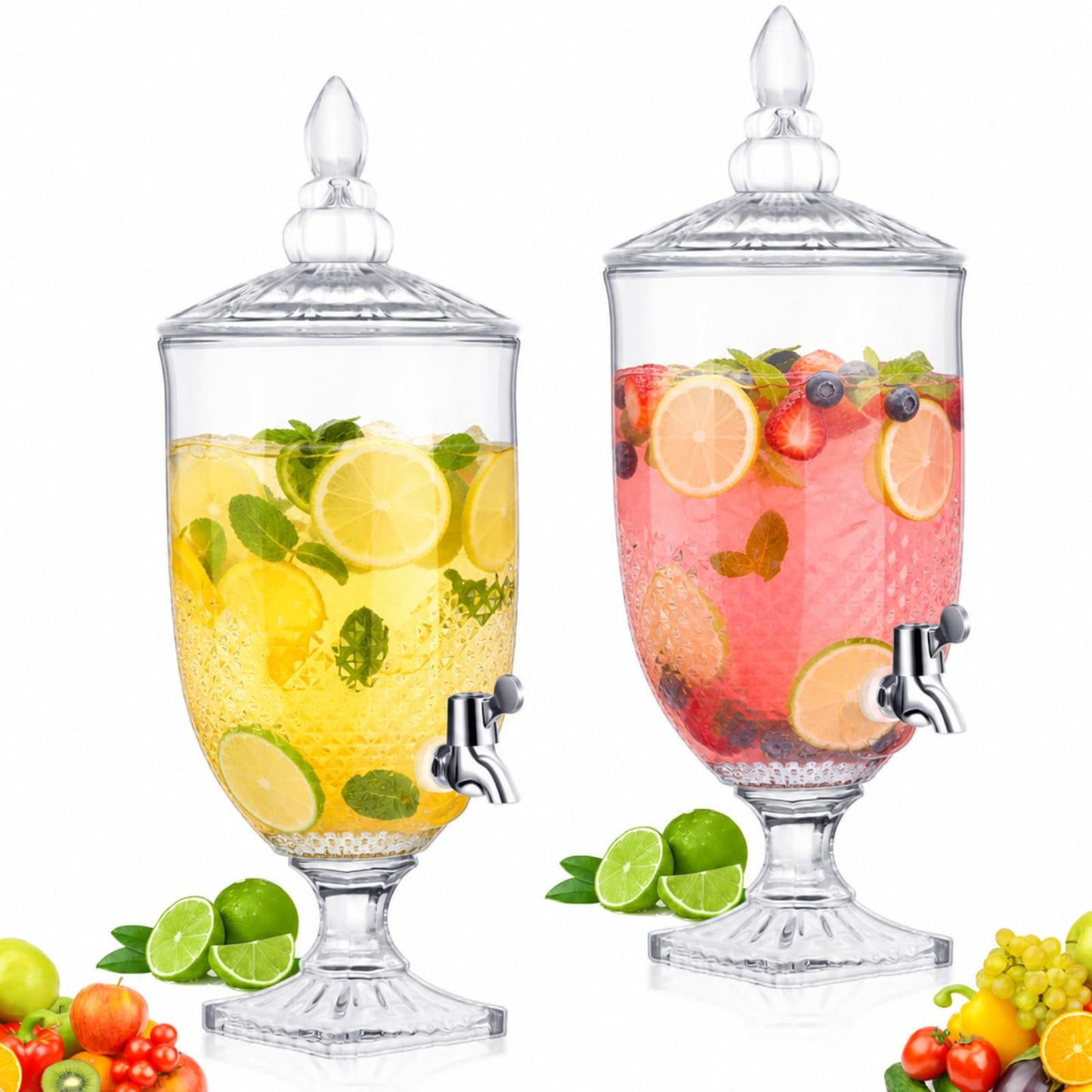 Bokon 2 Pieces 1.3 Gallon Drink Dispensers for Parties Crystal Iced Beverage Dispenser with Stand and Spigot, Glass Liquid Containers Wide Mouth Beverage Server for Juice Tea Wedding(Exquisite)