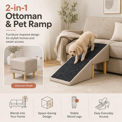 Dog Ramp for Couch, 16" H × 16" W 2-in-1 Split Ottoman Dog Stairs, Foldable Wooden Pet Ramp with 23° Gentle Incline & Non-Slip Surface, Pet Steps for Senior Small Medium Large Dogs (Off-White)