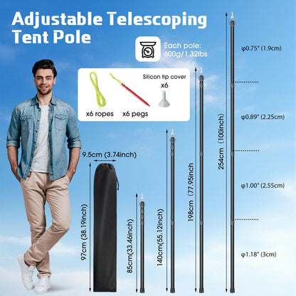 MorningRo 6 Pcs Adjustable Tarp Poles 8.2ft Telescoping Heavy Duty Aluminum Tent Poles Replacement Lightweight Portable Canopy for Tarp Outdoor Camping Hiking Backpacking Awning
