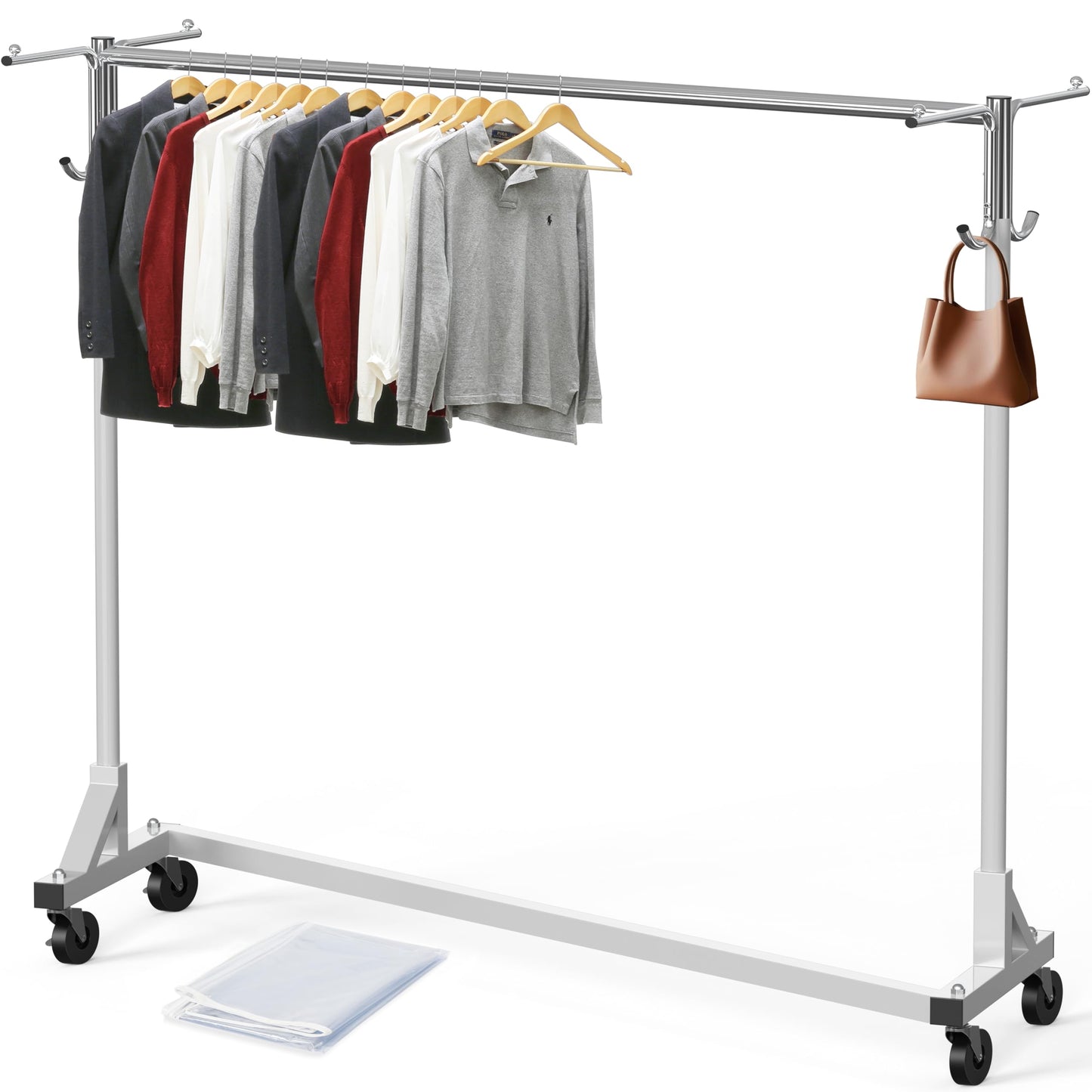 Simple Houseware Industrial Grade Z-Base Garment Rack, 500lb Load with 62" Extra Long bar w/Clear Cover and Tube Bracket