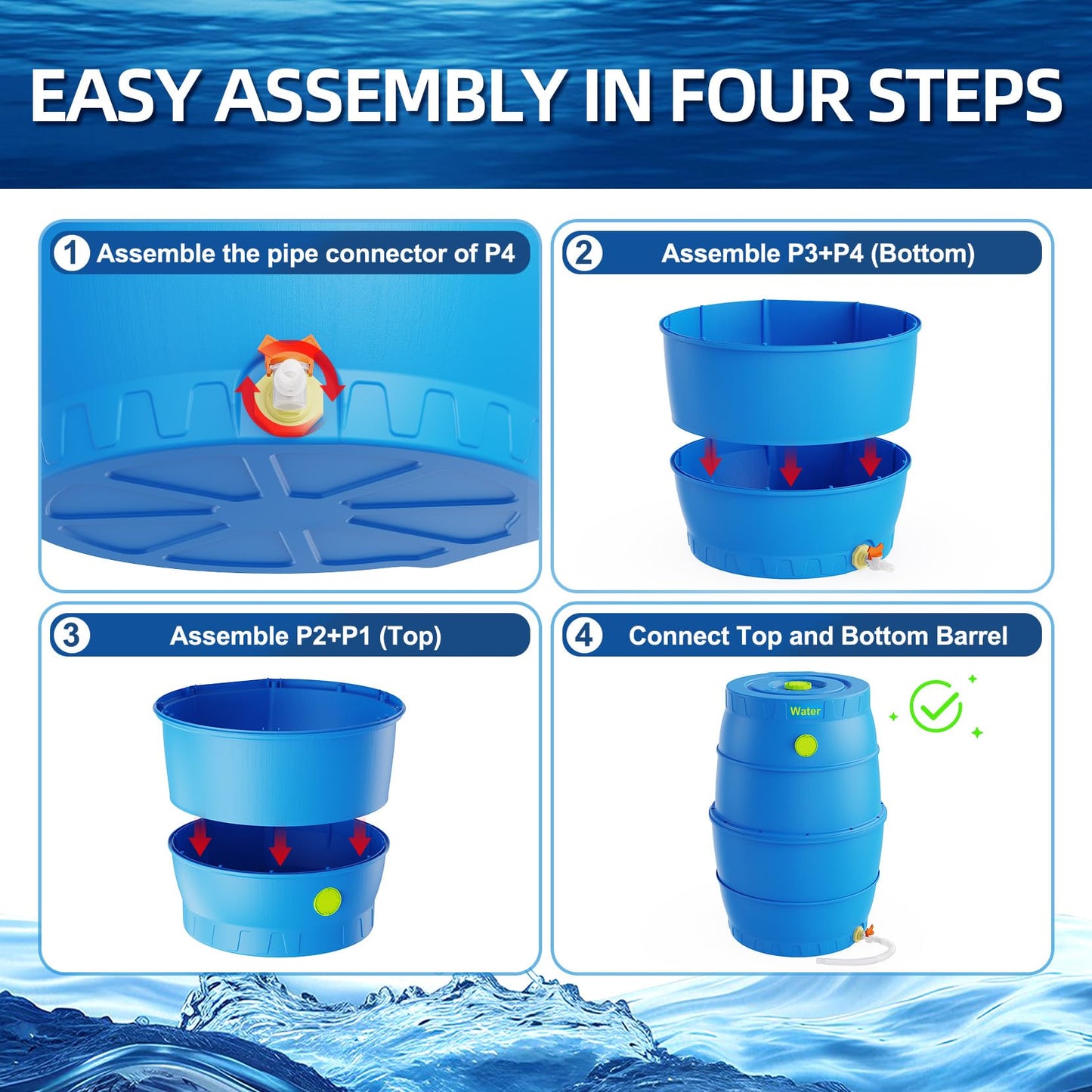 EJWOX 50 Gallon Blue Water Storage Barrel, BPA-Free Rainwater Collection Drum with Spigot, Stackable UV-Resistant Durable PP (Polypropylene) Barrel for Emergency Drinking Water & Gardening