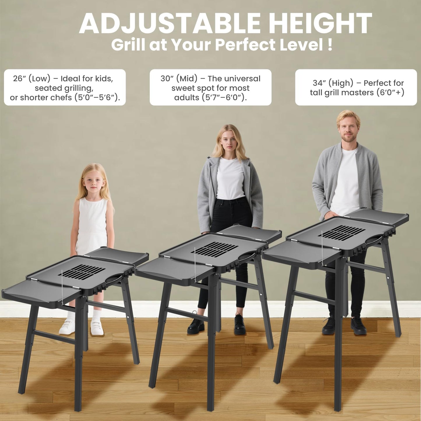 GRISUN Universal Folding Grill Cart | Portable Stand for Ninja Woodfire OG700/OG800/OG900, Blackstone, Ooni | 3-Height Adjustable