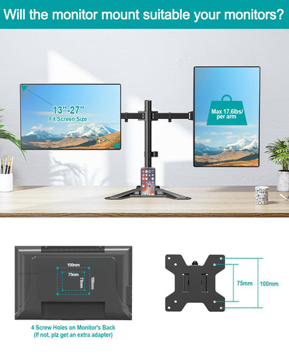 MOUNT PRO Dual Monitor Stand, Free-Standing Full Motion Monitor Desk Mount Fits 2 Screens up to 27 inches,17.6lbs with Height Adjustable, Swivel, Tilt, Rotation, VESA 75x75 100x100, Black