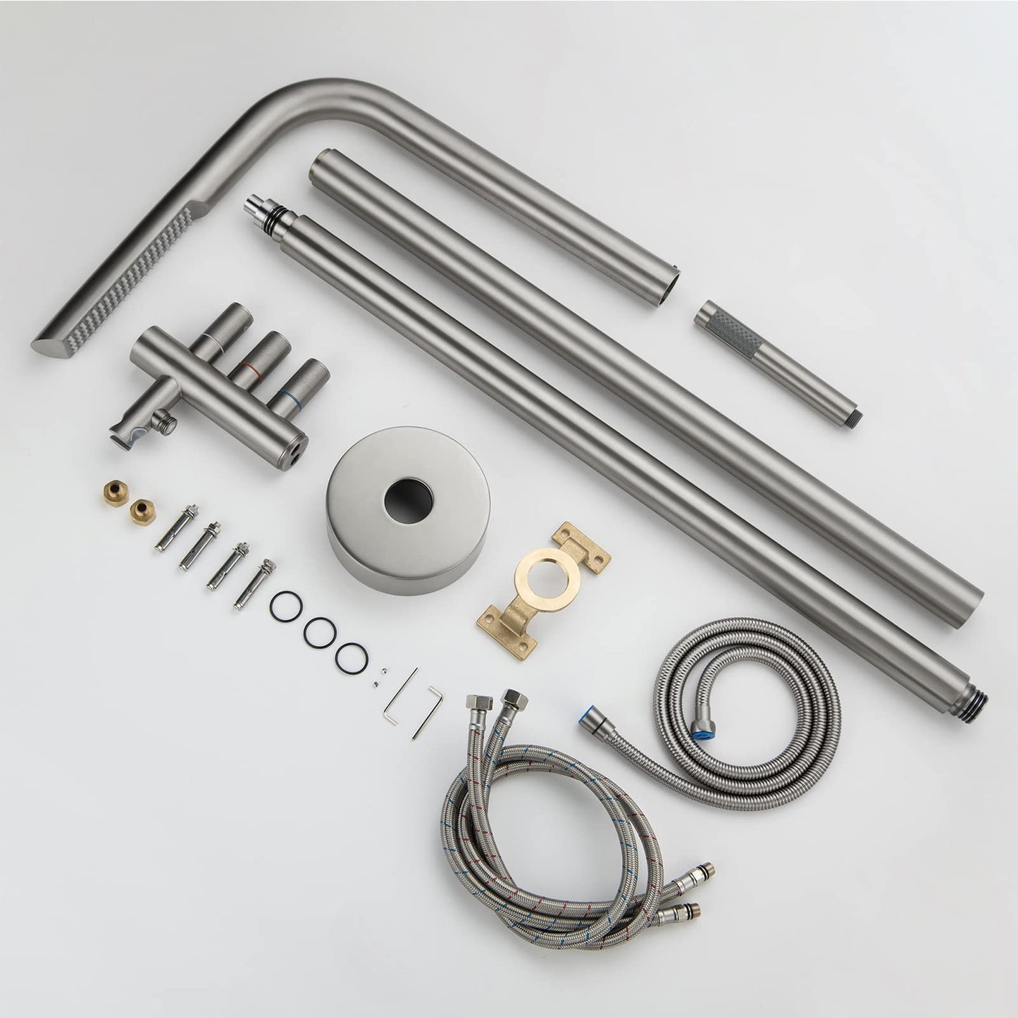 RBROHANT Outdoor Shower Brass Outside Shower Kit for Backyard Garden Pool Beach, Freestanding Outdoor Shower Fixtures with Overhead Shower Head and Handheld, Floor Mounted, Brushed Nickel, RB0089