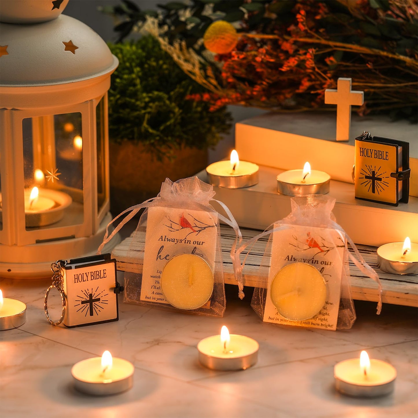 Coume 50 Set Funeral Party Favors Memorial White Candles Unscented Funeral Gifts Tealight Candles with Condolence Bereavement Cards, Organza Bags for Guest Celebration of Life Decorations (Cardinal)