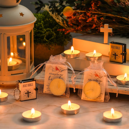 Coume 50 Set Funeral Party Favors Memorial White Candles Unscented Funeral Gifts Tealight Candles with Condolence Bereavement Cards, Organza Bags for Guest Celebration of Life Decorations (Cardinal)