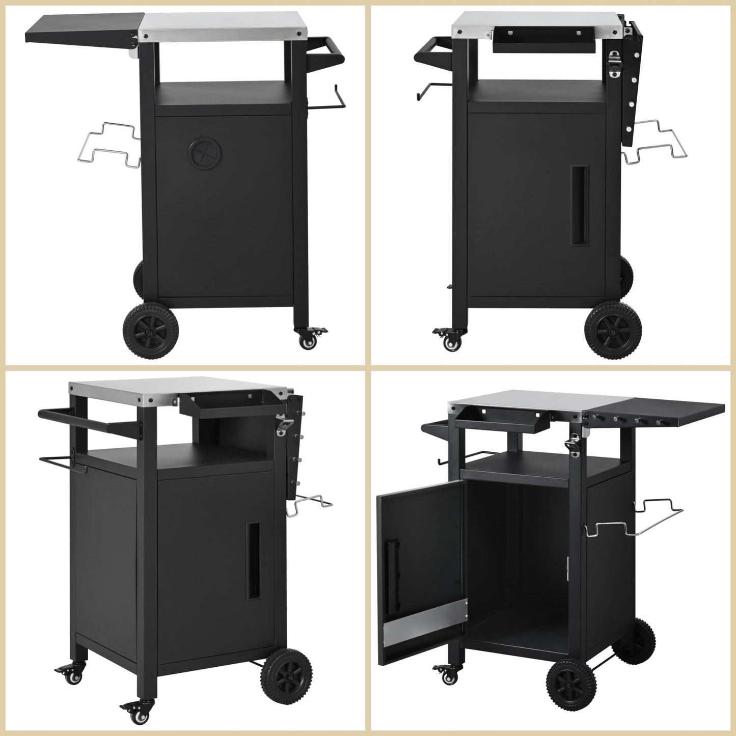 Merax Small Outdoor Grill Cart with Storage Cabinet & Drop Leaf, Outdoor Metal Bar Cart Pizza Oven Table on Wheels, Stainless Steel Top Outdoor Kitchen Island for BBQ Food Prep, Grill Cover Included