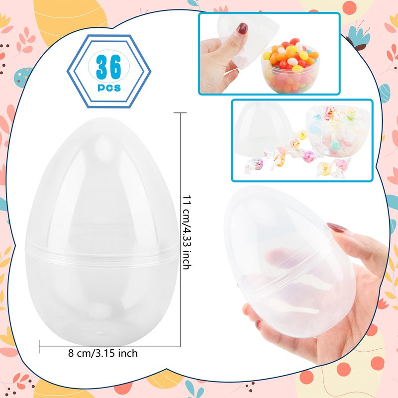 36 Pcs 6 Inch/ 5 Inch/ 4.5 Inch Jumbo Plastic Clear Easter Egg Fillable Large Plastic Eggs Transparent Bulk for Adult Kids Easter Egg Hunt Suprise Busket Stuffers Easter Party Supplies
