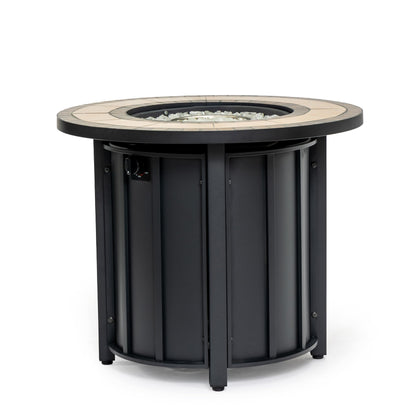 30" Propane Gas Fire Pit Table, 50000 BTU Round Outdoor Fire Pit with Mosaic Ceramic Tabletop, Steel Patio Fire Table with Lid & Rain Cover for Backyard Deck Garden, Black